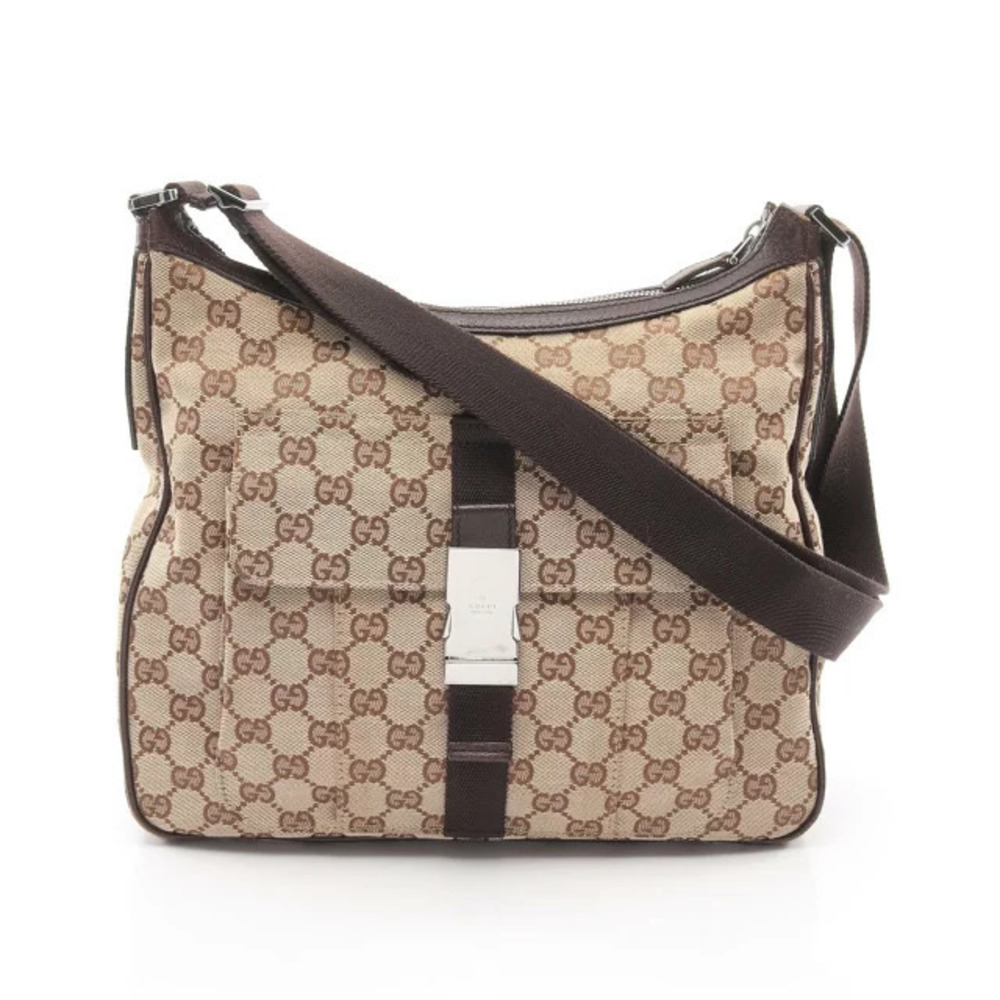 Gucci GG Canvas Shoulder Bag Leather Beige Cream Brown